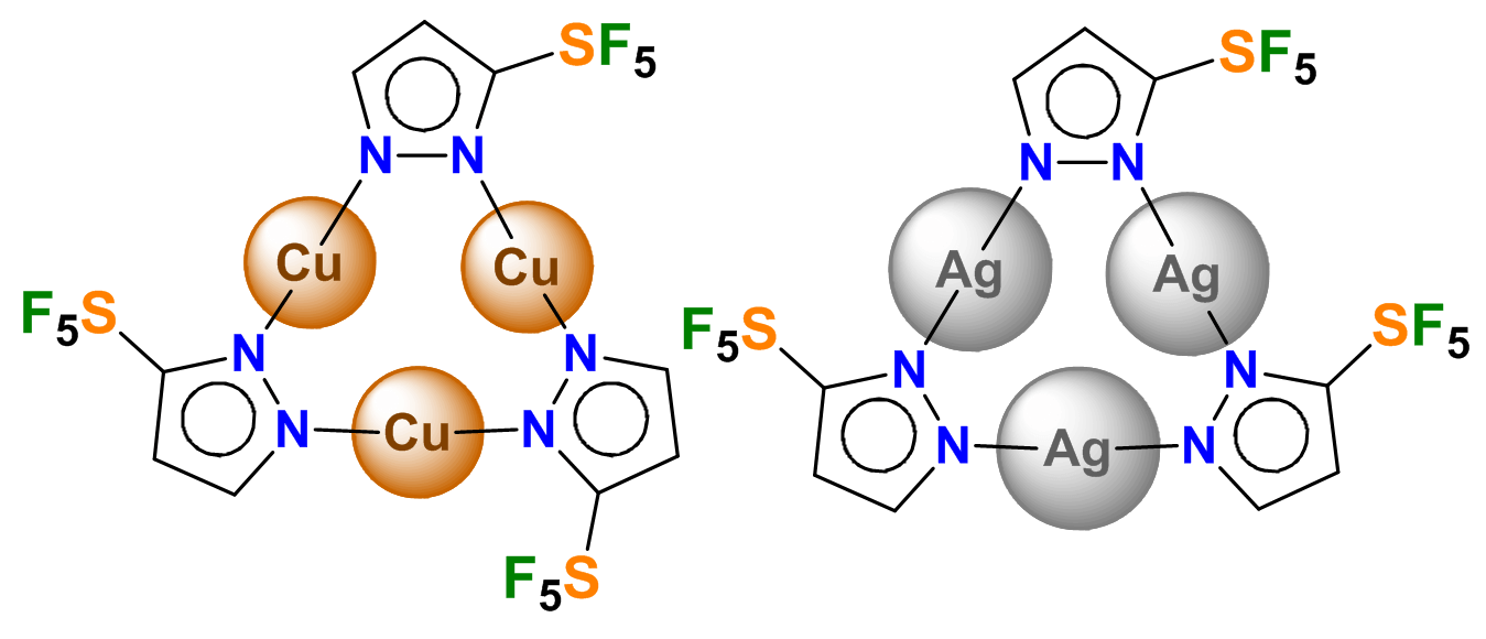 Trinuclear Copper(I) and Silver(I) Complexes of a Pentafluorosulfanyl-Decorated Pyrazolate